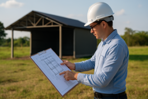 Engenheiro analisando projeto estrutural em área rural com galpão ao fundo