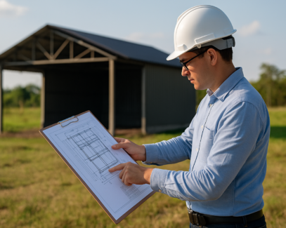 Engenheiro analisando projeto estrutural em área rural com galpão ao fundo