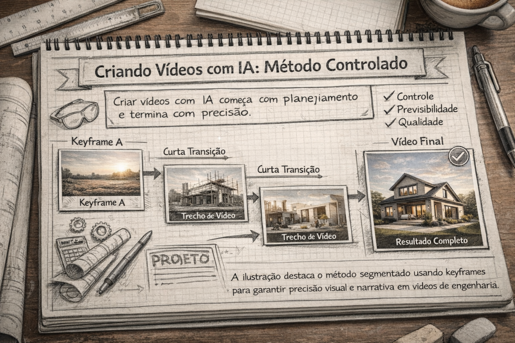 Diagrama do fluxo de trabalho para criação de vídeos com IA, mostrando a transição de keyframes para segmentos de vídeo e o vídeo final