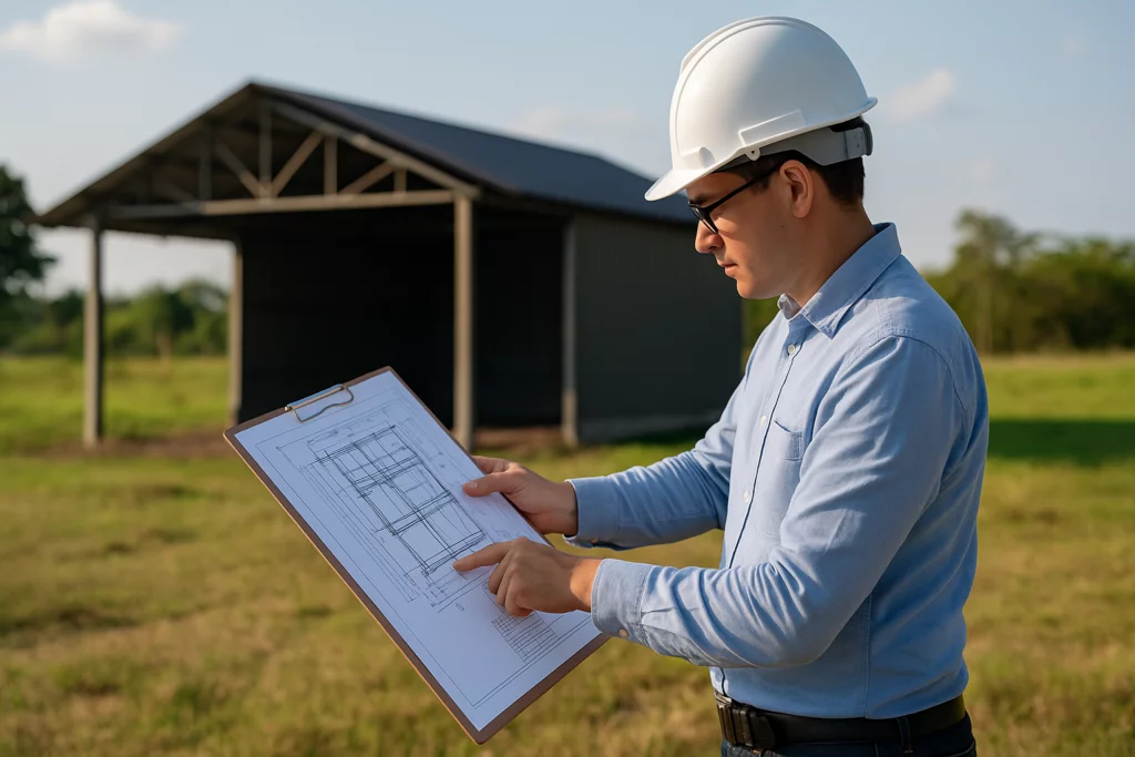 Engenheiro analisando projeto estrutural em área rural com galpão ao fundo