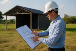 Engenheiro analisando projeto estrutural em área rural com galpão ao fundo
