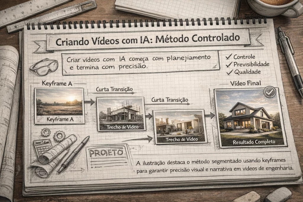 Diagrama do fluxo de trabalho para criação de vídeos com IA, mostrando a transição de keyframes para segmentos de vídeo e o vídeo final